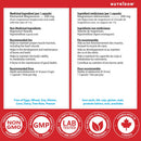 Nutritional supplement label with ingredient list, recommended use, and certification logos on a red background.
