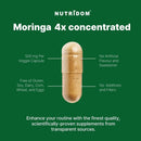A green promotional graphic for NutriRidom Moringa 4x concentrated capsules, showing a single translucent veggie capsule with tan-brown contents and surrounding text highlighting product claims.