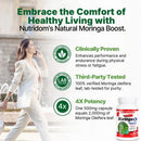 A promotional graphic for Nutridom Moringa Oleifera supplement. It features a woman in a white outfit walking on the left, alongside text highlighting 'Clinically Proven', 'Third-Party Tested', and '4X Potency'.