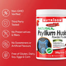 A white tub of Nutridom Natural Psyllium Husk Powder shown on a red background with feature icons on the left. The tub is labeled 'NUTRIDOM Premium Natural Psyllium Husk Powder' and includes a 'GMP' badge.
