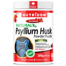 A white plastic jar of Nutridom Natural Psyllium Husk Powder with a white cap, featuring red and green branding and a blue graphic of a digestive tract on the label.