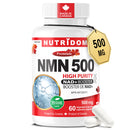 A white plastic bottle of Nutridom NMN 500 dietary supplement capsules with a gold '500 MG' tag, shown on a clean white background with two white capsules in the foreground.
