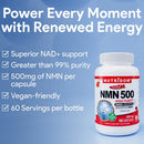 A bottle of NutriDom NMN 500 dietary supplement on a blue gradient background with promotional text listing benefits such as superior NAD+ support, greater than 99% purity, 500mg of NMN per capsule, vegan-friendly, and 60 servings per bottle.