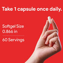 A hand holding a white softgel capsule against a solid red background, with white text stating 'Take 1 capsule once daily.', 'Softgel Size 0.