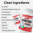 Two white bottles of NutriDom NMN 500 High Purity supplement shown on a light gray background with a list of clean ingredients and benefits on the left.