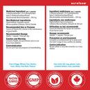 Front and back views of a NutriDROM dietary supplement box on a white background, showing bilingual English and French text with ingredients, dosage, and certification badges.