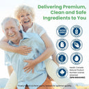 Happy elderly couple with health product certification logos and text about premium, clean, and safe ingredients.
