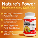 NutrIdom pumpkin seed oil bottle with product features on an orange background