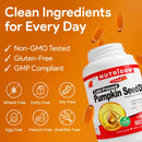 NUTRIDOM Cold-Pressed Pumpkin Seed Oil bottle with pumpkin seeds on an orange background and text about product features.