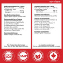 Nutritional supplement label with ingredients, recommended use, and certification logos on a red background.
