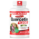 A white plastic bottle of NutriDom Quercetin 1200 dietary supplement with a white cap, featuring a red and white label with a vegetable illustration.