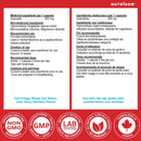 A square product information card for NutriDROM dietary supplement capsules, showing bilingual English and French ingredient lists, recommended use, and certification badges at the bottom.