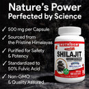 NUTRIDOM Shilajit supplement bottle with product details on a dark background