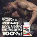 Muscular man lifting weights with Nutridom Tongkat Ali supplement bottle in foreground
