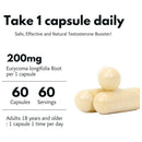 Capsules with text about a testosterone booster supplement on a white background