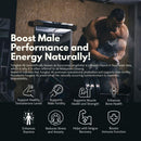 Muscular man lifting weights with text about boosting male performance and energy naturally.