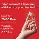 Hand holding a capsule with liver health supplement information on a red background