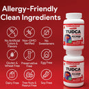 NUTRIOOM TUDCA supplement bottle with allergy-friendly features on a red background