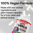 Nutridom Tudca supplement bottle with capsules on a gray background, highlighting vegan formula.