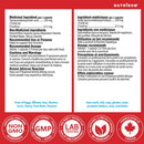 Nutritional supplement label with ingredients, dosing information, and certification logos on a red background.