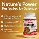 NUTRiDOM Vitamin K2 supplement bottle with product details on a yellow background