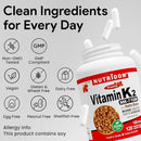 Nutriddom Vitamin K2 supplement with clean ingredients icons on a gray background