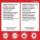 Nutritional supplement label with product details and certifications on a red background
