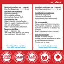 Nutritional supplement label with ingredients, recommended use, and certification logos on a red background.