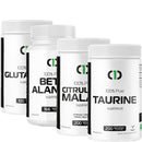 Four supplement containers labeled 'Glutamine', 'Beta Alanine', 'Citrulline Malate', and 'Taurine' on a white background.