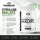 A white bottle of OneBrand Nutrition Citrulline Malate supplement shown on a clean promotional background with product claims and icons. The bottle label is white and black with green accents, and the background includes green circular graphics and a dark banner at the bottom with feature icons.