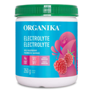 A container of Organika Health Electrolytes in Wild Raspberry flavor, with a net weight of 350 grams, suggesting 100 servings.