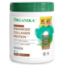 A container of Organika Chocolate Enhanced Collagen Protein powder. The container is white with a green lid, and it has branding and product information printed on the label.