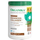 A container of Organika Chocolate Enhanced Collagen protein powder. The container is white with a green lid, and it is labeled as gluten-free, non-GMO, and containing 252 grams of product.