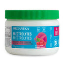A container of Organika Health Electrolytes powder with a green lid, labeled with different flavors such as Wild Raspberry and Pineapple Passionfruit, and various dietary claims like '0g Sugar', '60 Servings', and 'Vitamin C Boost'.