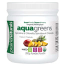 Container of Praire Naturals Aqua Greens powder with fruit illustrations on a white background