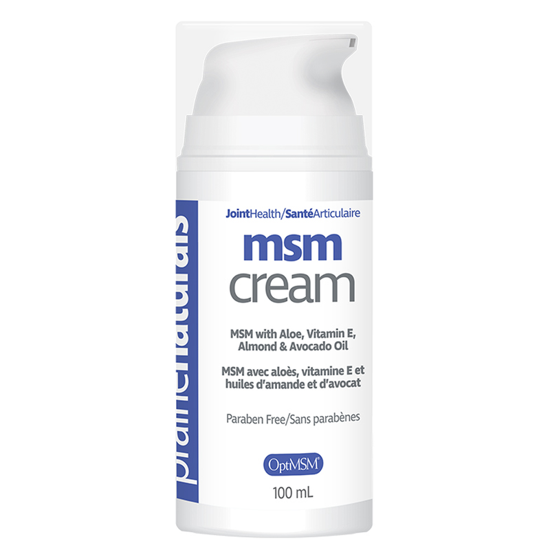 Bottle of MSM cream with branding on a white background