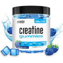 Protein source creatine gummies packaging with blueberries and water splash on a white background