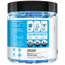 Protein supplement container with blue and white label on a white background