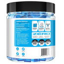 Supplement container with blue and white label on a white background