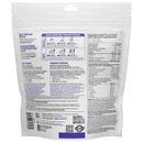 Back of a white resealable bag showing printed instructions, nutrition facts, and a QR code on a plain white background.