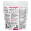 Back of a white resealable pouch package with printed instructions, nutrition facts, and a barcode, shown on a plain white background.