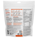 The back of a white stand-up pouch package, showing printed supplement facts, usage instructions, nutrition panel, barcode, QR code, and a circular product logo near the bottom.