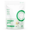A stand-up pouch of RAW vegan pro protein powder in extra vanilla flavor. The packaging is white with green text and graphics, featuring vanilla flower illustrations.