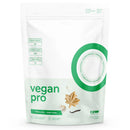 A white stand-up pouch of RAW vegan pro vanilla extract, featuring green text, a green circular graphic, and illustrations of vanilla bean pods and a vanilla bean on a clean white background.
