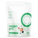 A white stand-up pouch of RAW vegan pro very berry protein powder, featuring green text and a green circular graphic on a white background.