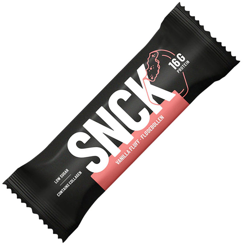 Black and red Snick protein bar on a white background