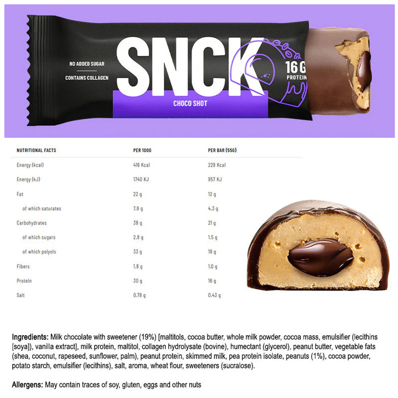 SNCK Choco Shot protein bar with nutritional facts and ingredients listed below.