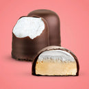 Chocolate-dipped treats with marshmallow and cream filling on a pink background