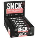 Box of SNCK Vanilla Fluff protein bars with black and white design