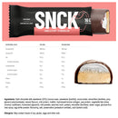 SNCK vanilla fluff protein bar packaging with nutritional information on a pink background